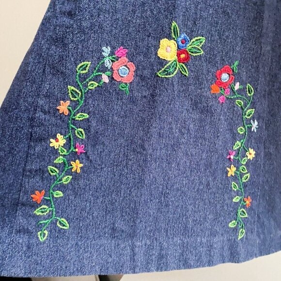 Vintage Blue  Denim Floral Embroidered A line Maxi Skirt S - Picture 4 of 6